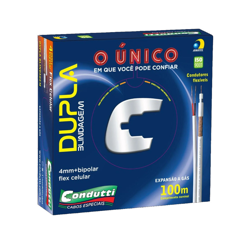 Caixa 100 Metros de Cabo Coaxial CFTV Condutti 4mm Dupla Blindagem, 750 Ohms, 2x26AWG, Anti-Chama, HIB RF4MMCEL - Branco