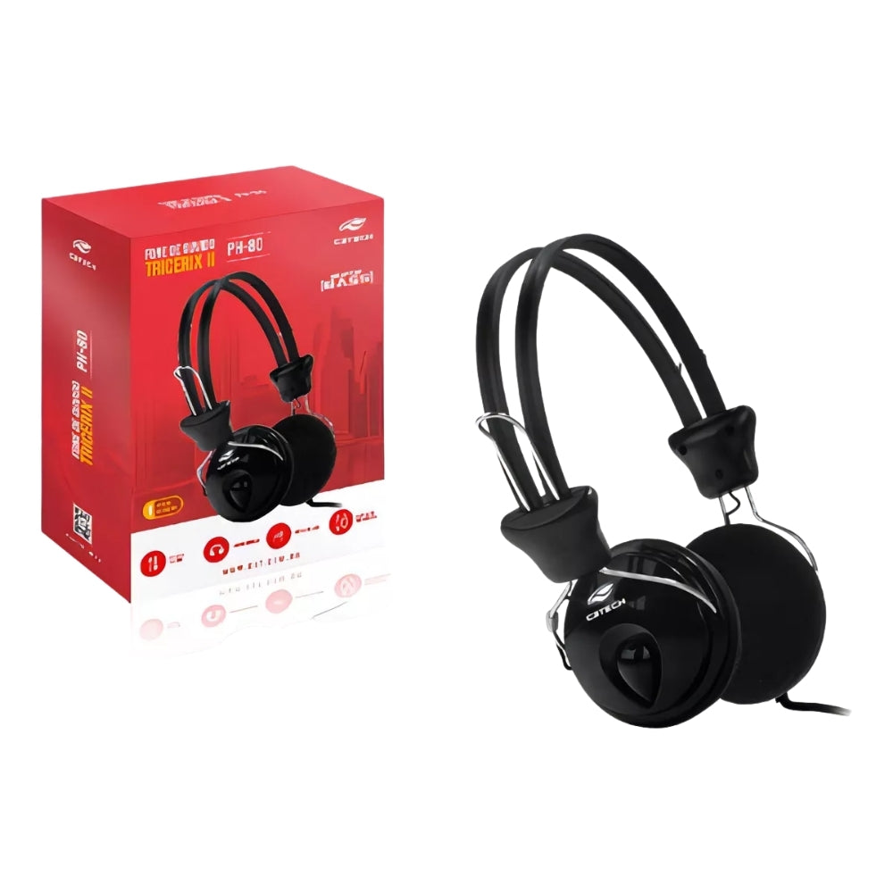 Fone de Ouvido Com Microfone, C3Tech, Tricerix, PH-80BK - Preto