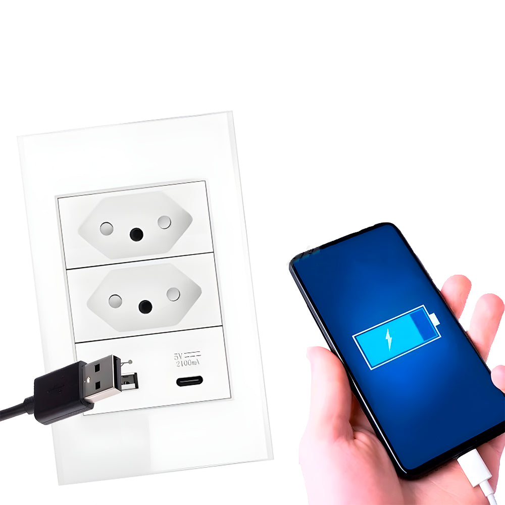 Tomada, Padrão Brasileiro, Com Uma Entrada USB e USB-C, 10A, Paínel Em Vidro Temperado - Branco