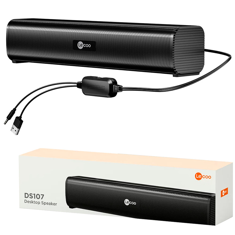 SoundBar Lecoo 2.0 Conexão P2, Alimentação USB Drive, Dois Alto Falantes, 6W, Lecoo DS107 - Preto
