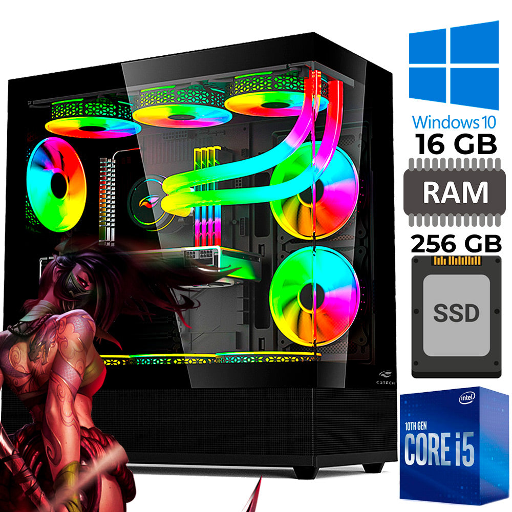 Computador Gamer Core i5-10400, Memória RAM 16GB DDR4, SSD 256GB, Gab Aquarius MT-G850BK, Win 10 Pro, Fonte 500W