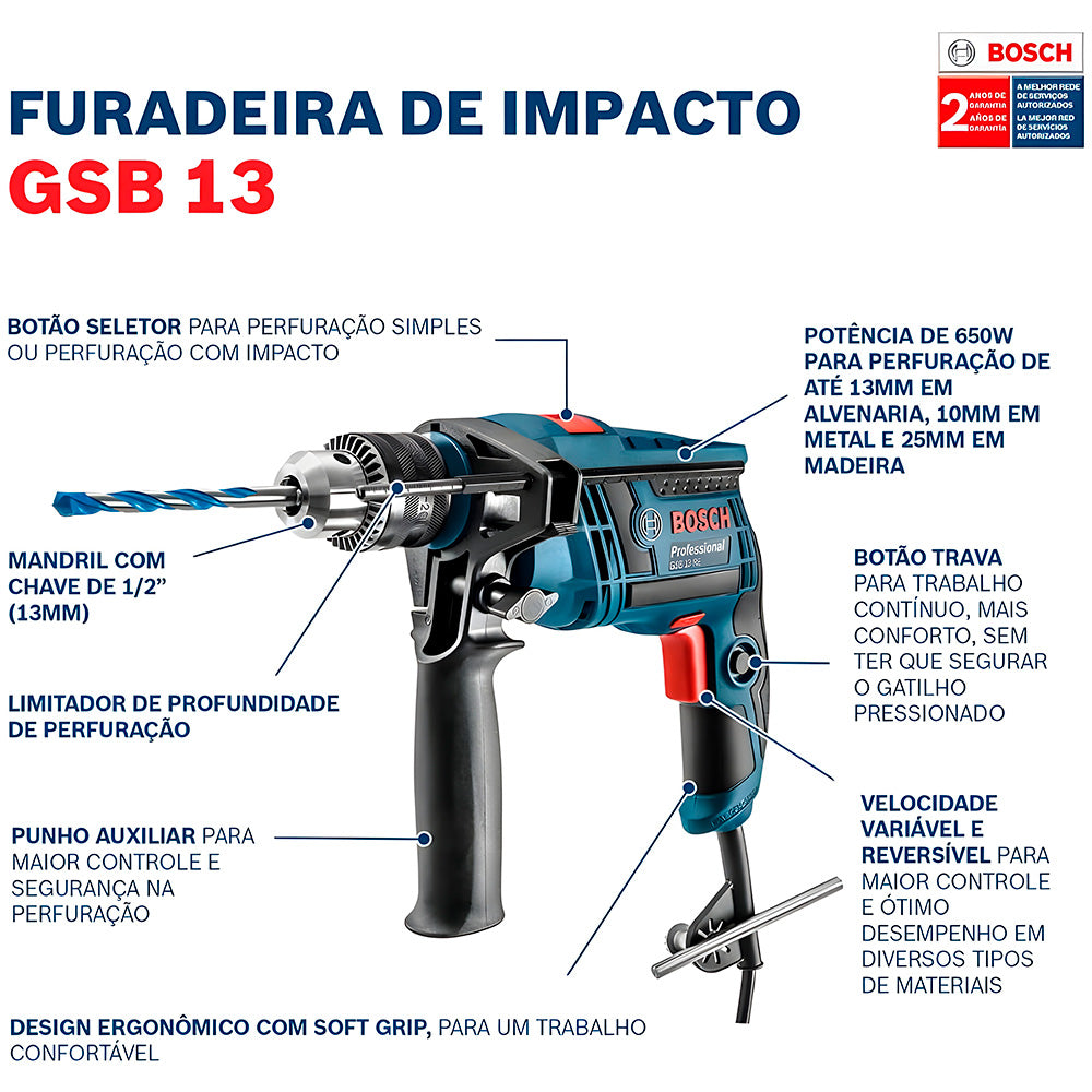 Furadeira de Impacto Bosch  - GSB 13 RE -650W 220V - Com Maleta