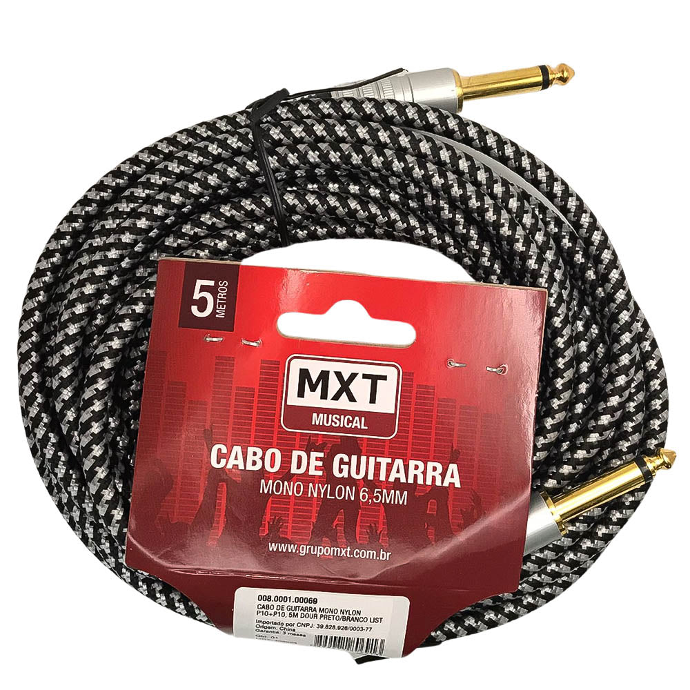 Cabo para Guitarra e Violão 5 Metros Blindado P10 x P10 Têxtil Anti-Interferência - Preto
