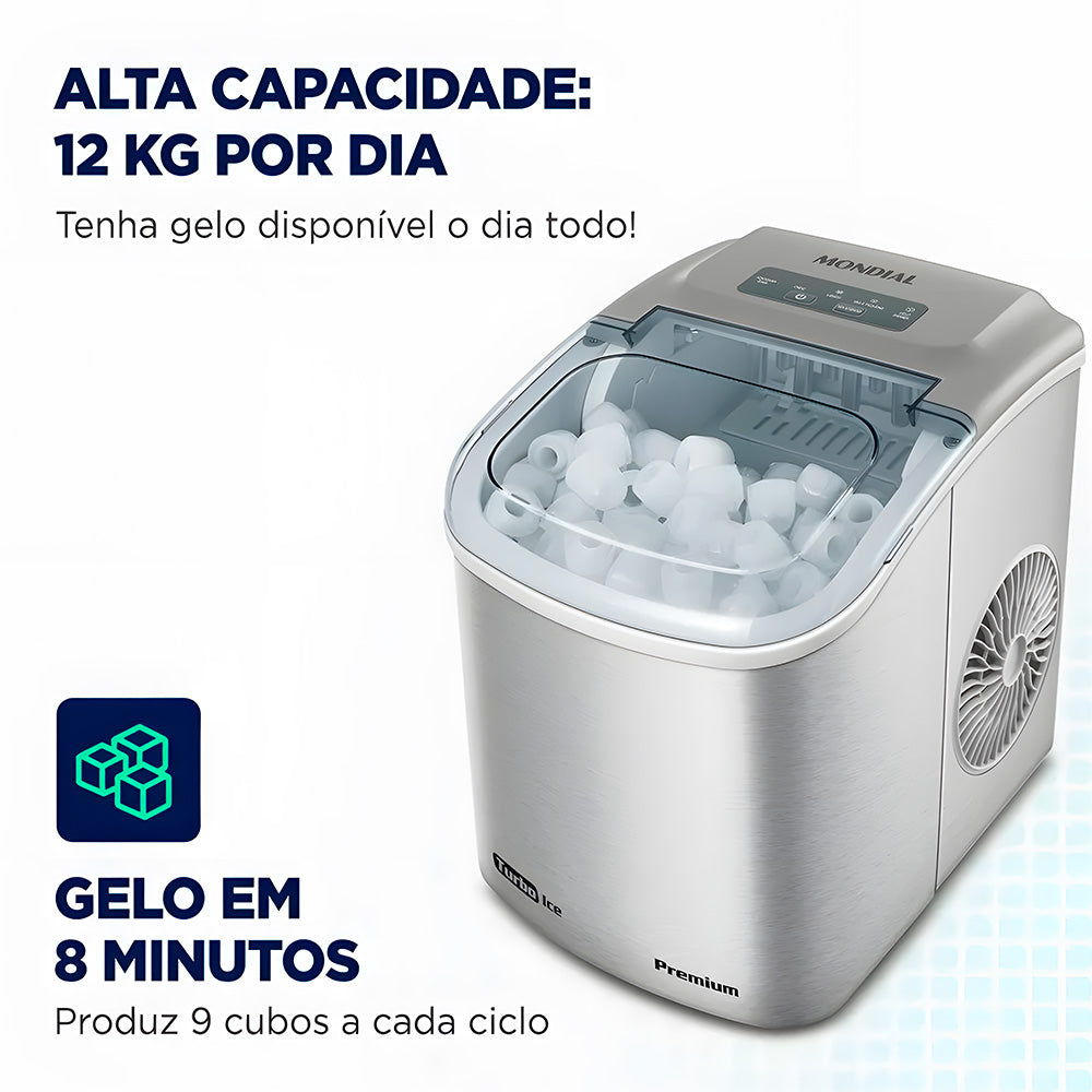Máquina de Gelo Turbo, Ice Premium, Mondial, 12KG, Reservatório 1,3L, Cinza, 220V, MG-12-GI