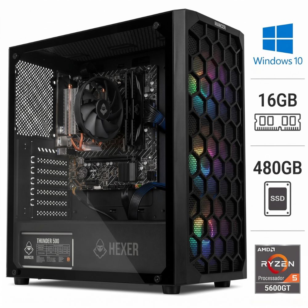 Computador Gamer Ryzen 5 5600GT, SSD 480GB, RAM 16GB 3200Mhz(2x8), A520M DX, 500W 80 Plus Bronze