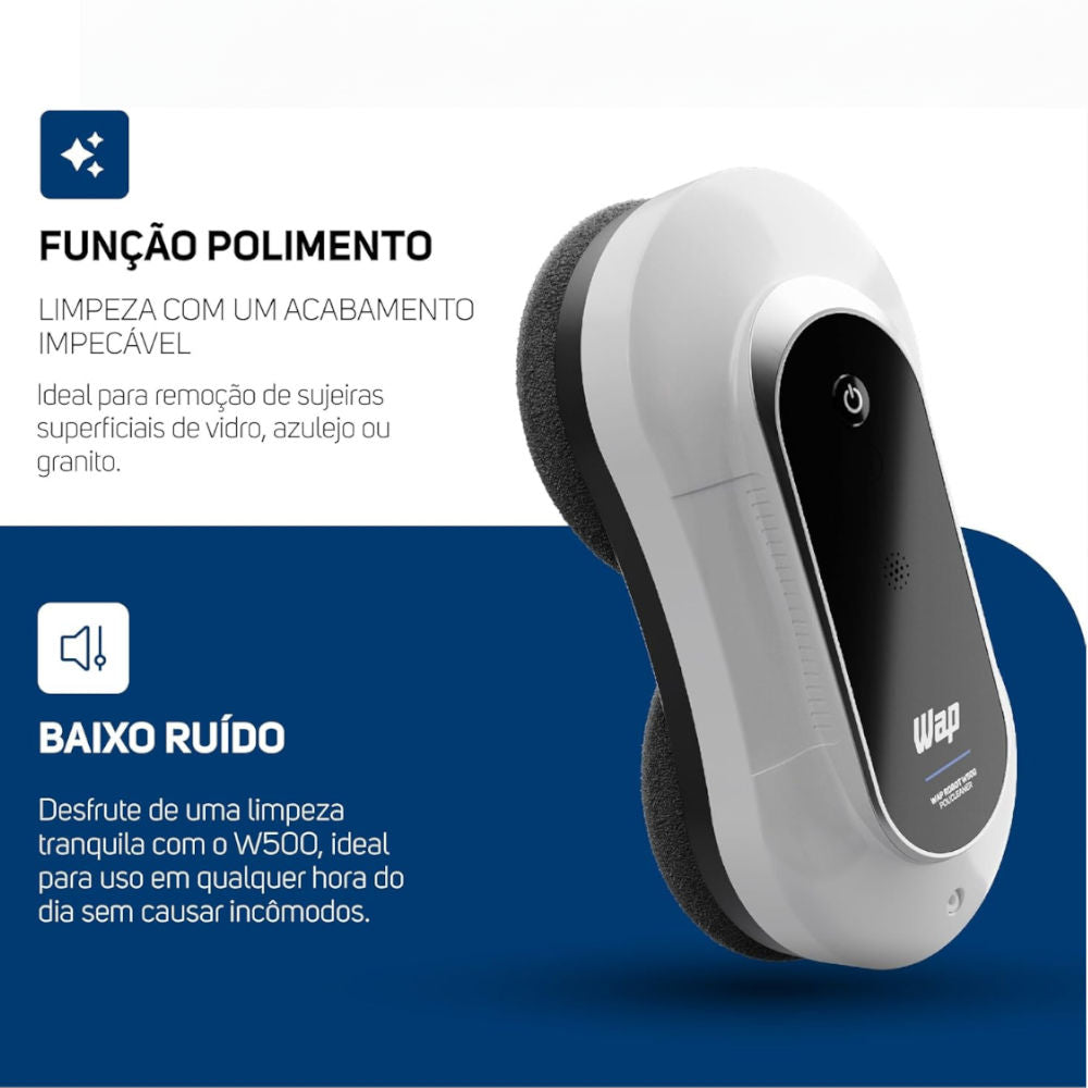 Aspirador Limpeza Polidor Vidros WAP Robot W500 Policleaner, Bivolt, Sucção 8kPa, Tanque 300ml, Escova Rotativa, LED