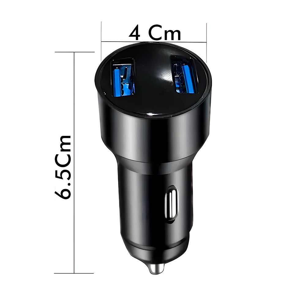 Carregador Veicular Com Duas Portas USB 3.1A e Cabo Com 3 Conectores, 15W, Display Digital - Preto
