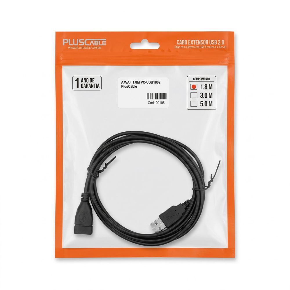 Cabo Extensor Para USB 2.0 AM/AF 1.8M PC-USB1802 PlusCable