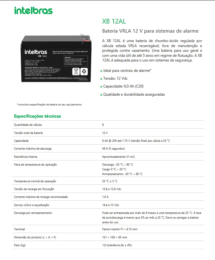 Bateria Selada 12v 7 Amperes XB 12AL-Vrla Intelbras