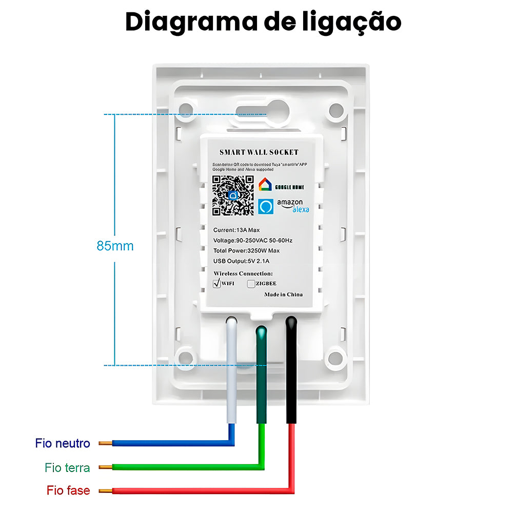 Tomada Dupla Inteligente, 13A, Painel de Vidro Temperado, Compatível Com Alexa e Google Home, Tuya, Branco