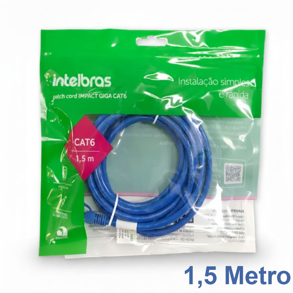 Cabo de Rede Patch Cord CAT.6 Intelbras IMPACT GIGA UTP 4P Azul 1,5 Metro, 100% Cobre, Intelbras