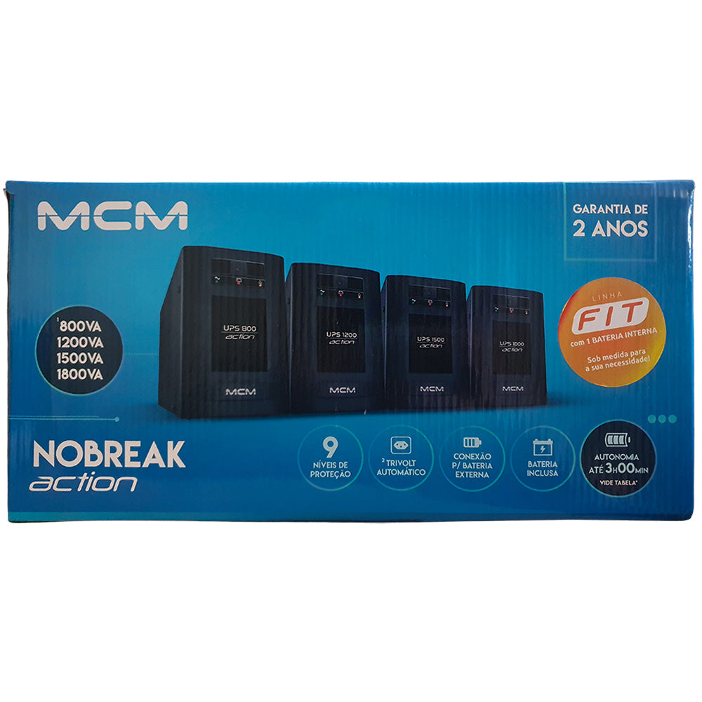 Nobreak UPS MCM 800VA,  ACTION FIT 3.1, Entrada Trivolt /220v, Saída 6 Tomadas 115V, Com Entrada  Bateria Estacionária