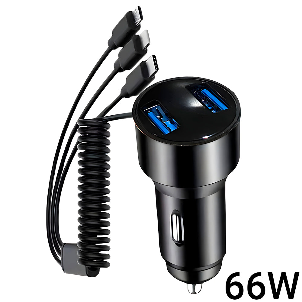 Carregador Veicular Com Duas Portas USB 3.1A e Cabo Com 3 Conectores, 66W, Com Display Digital - Preto