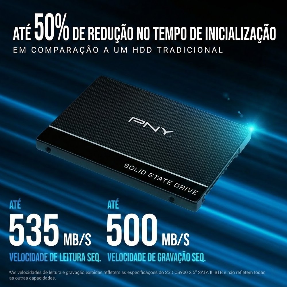 SSD Pny 250GB Cs900 2.5'' SATA 6Gb/s  Leitura de Até 535Mb/s Gravação 500Mb/s SSD7CS900-250-RB