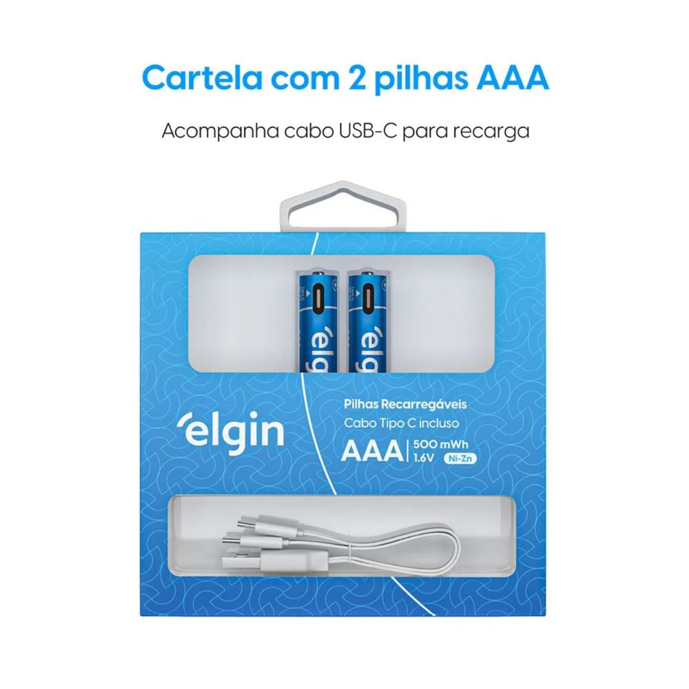 Pilha Recarregável AAA Palito USB-C 1.200mAh com 2 unidades Blister + Cabo (ELE000000082428)