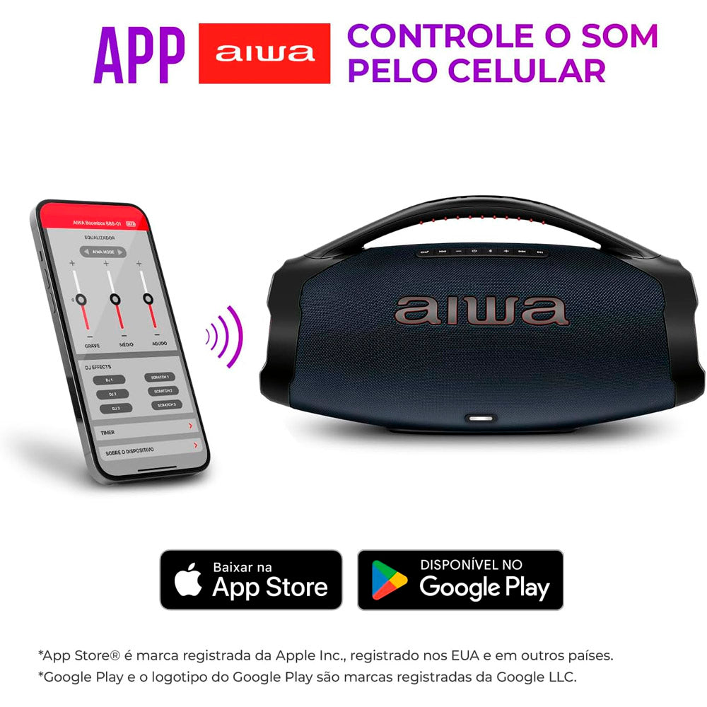 Caixa de Som Boombox Plus AIWA BBS-01-LBL , USB RGB, 200W RMS, IP66 Com Alça, 30h de Bateria, Bluetooth 5.3,TWS