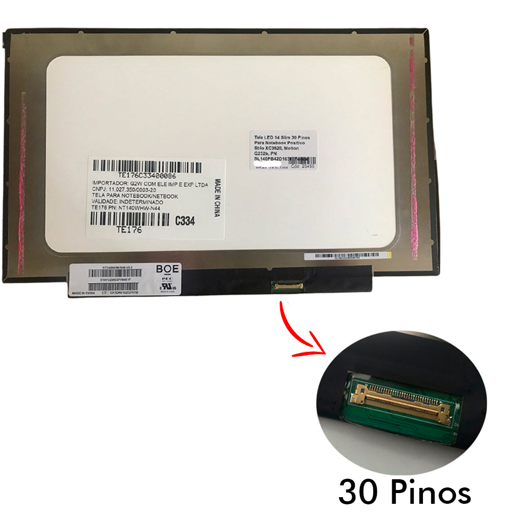Tela LED 14 Slim 30 Pinos Para Notebook Positivo Stilo XC3620, Motion Q232b, PN SL140PB42D1636, Fosca