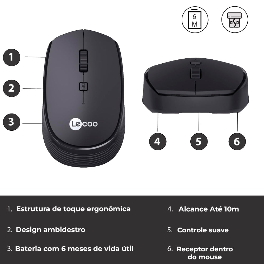 Mouse Sem Fio Lecoo Lenovo, 4 Botões, Controle DPI, Ambidestro, WS202, Preto