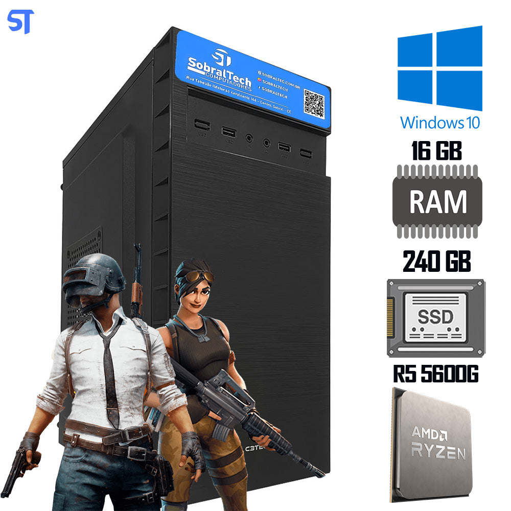 Computador Gamer AMD Ryzen 5 5600G - Placa Mãe B450MH - SSD 240GB - Memória 16GB DDR4 - GaB MT32BK - Windows10
