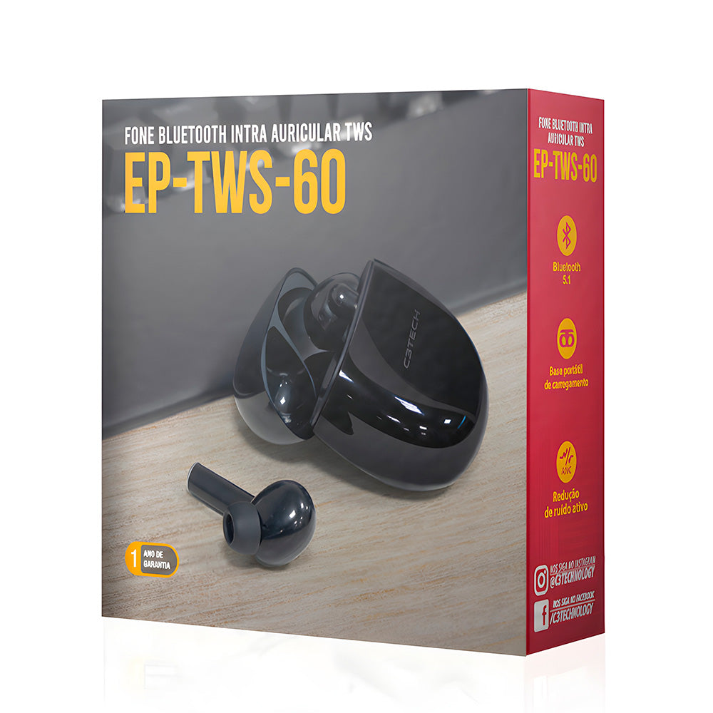 Fone de Ouvido C3Tech Sem Fio, Intra-Auricular, Bluetooth 5.1, Com Função Touch, EP-TWS-60BK - Preto