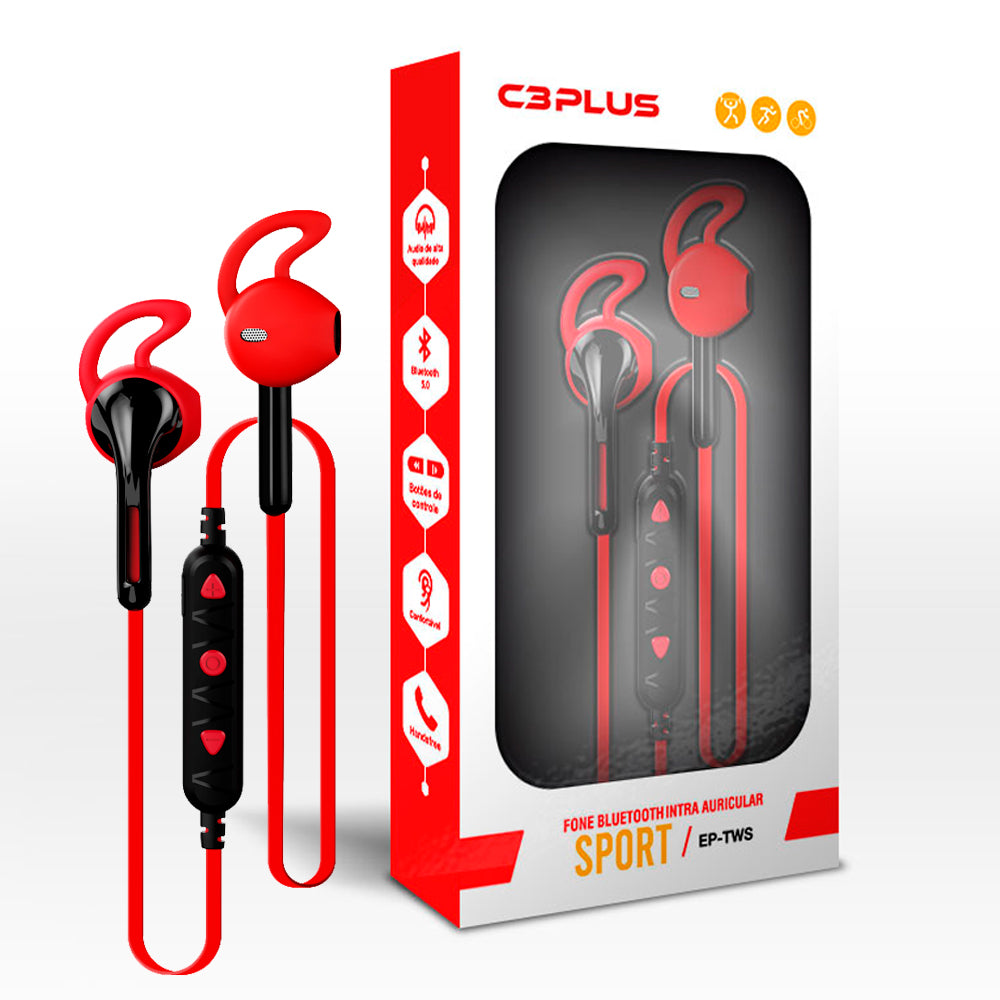 Fone de Ouvido Bluetooth 5.0 C3Plus EP-TWS-10RD Intra-Auricular Vermelho, com Microfone, 5h Bateria - Vermelho