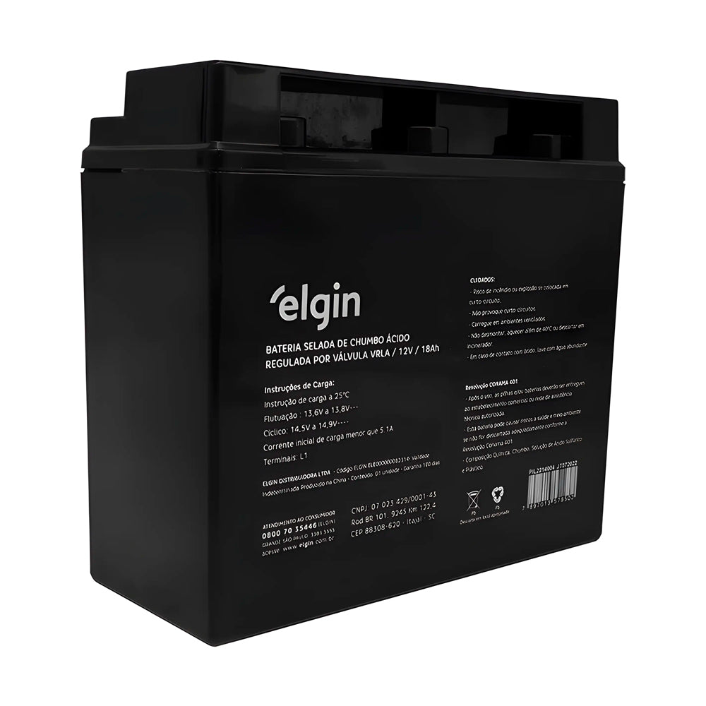 Bateria Selada de Chumbo, Elgin VRLA 12V, 18AH, Para Nobreak