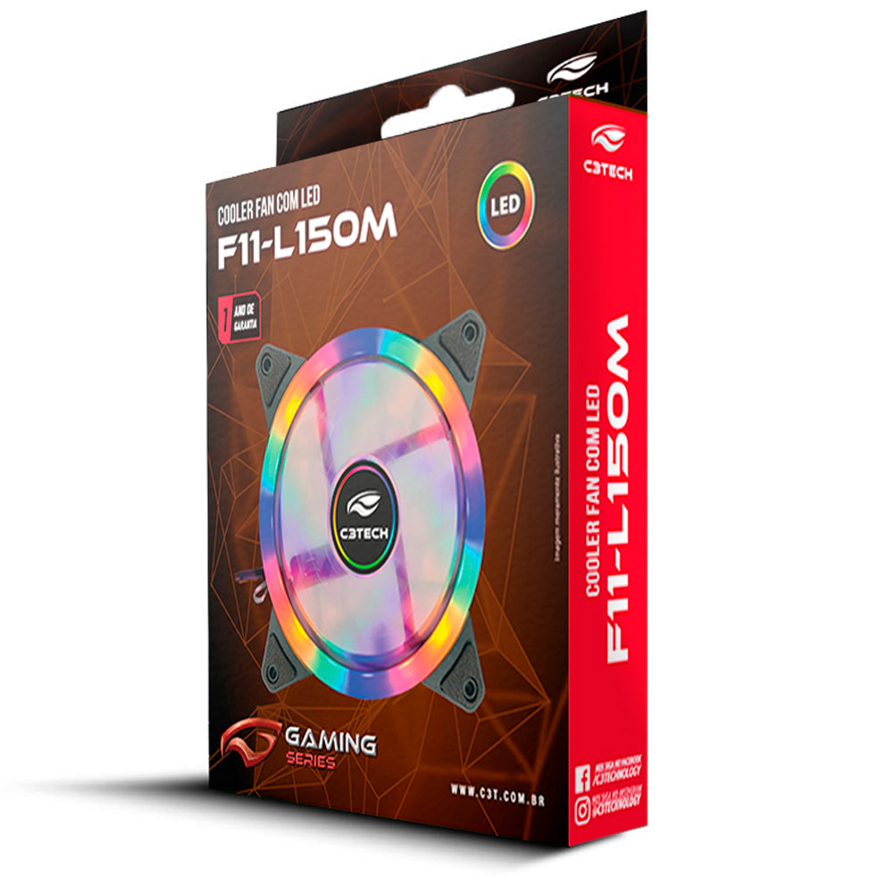 Cooler Fan Gamer, F11-L150M, 1.200 RPM, Multicores, 12cm, C3Tech Gaming, Preto