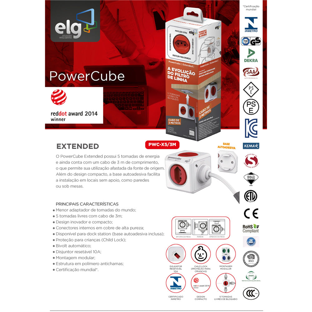 Adaptador Múltiplo, Bivolt, 5 Tomadas, Com Cabo de 3 Metros, PowerCube EXTENDED, PWC-X5/3M, ELG