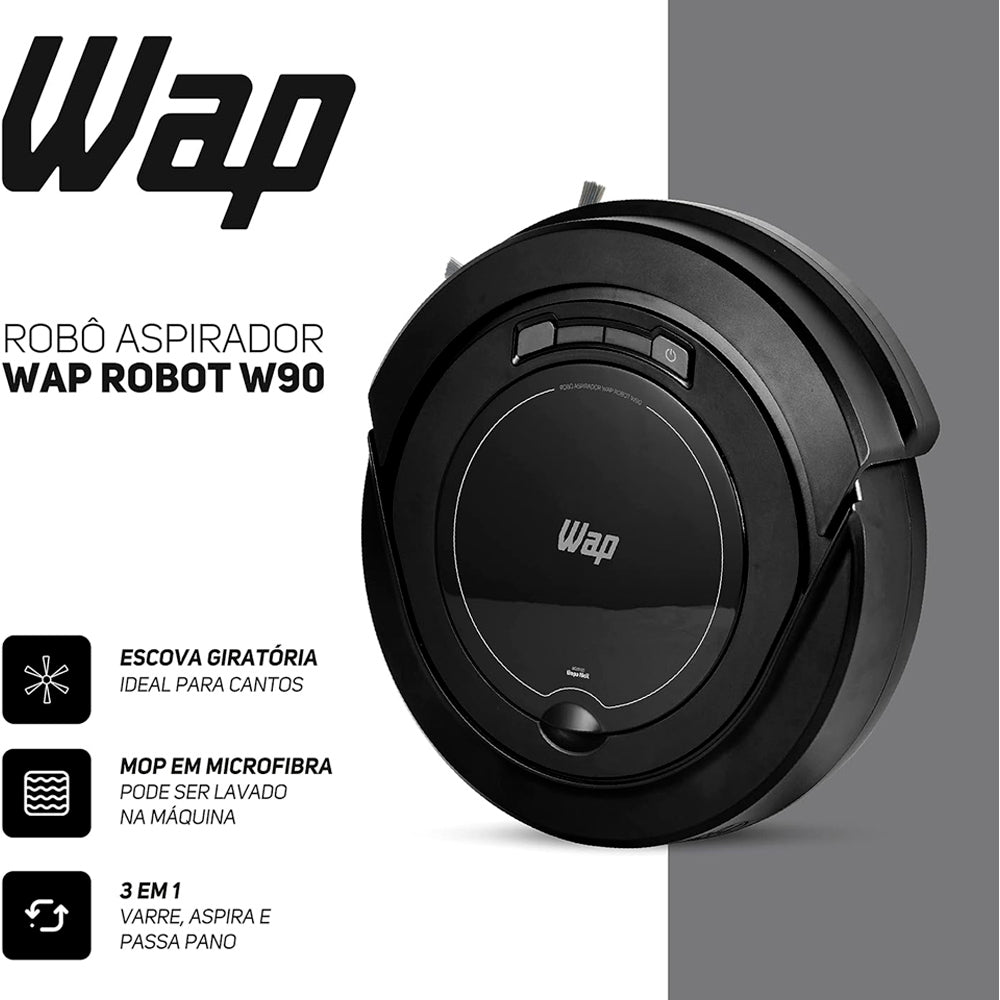 Robô Aspirador de Pó, WAP W90, Automático 3 em 1 Varre, Aspira, Passa Pano, MOP Limpeza, 30W, Recarregável, Bivolt Preto