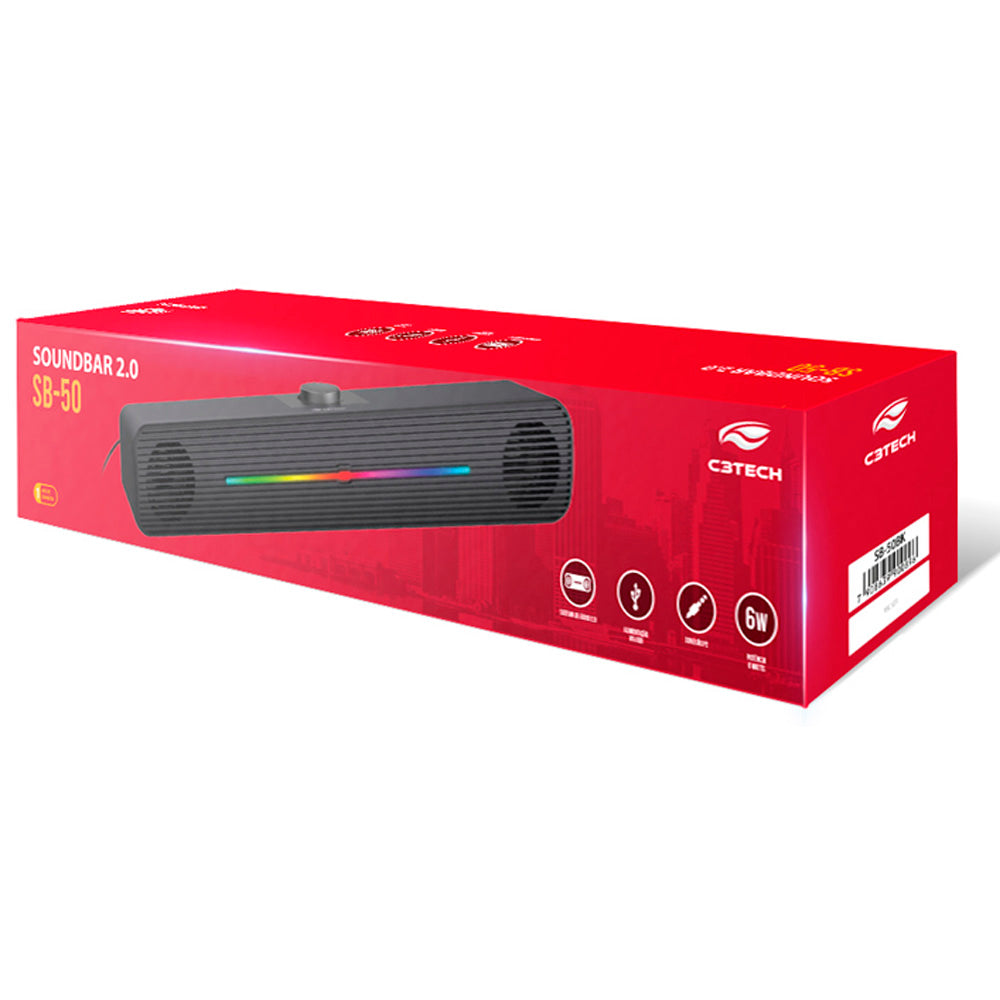 SoundBar 2.0 6W Conexão P2 Alimentação USB Drive 50mm C3Tech SB-50BK  Preto