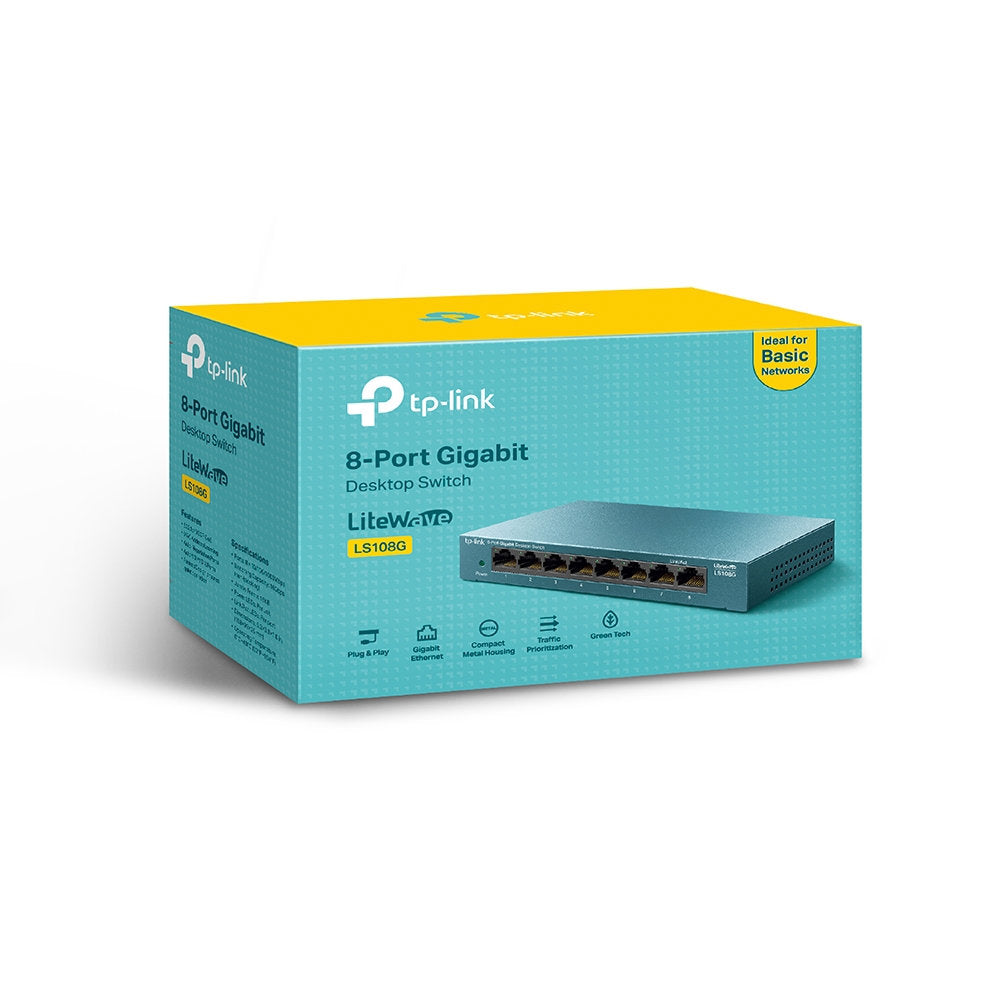 Switch TP-Link LS108G Gigabit 8 Portas 10/100/1000 Mbps Mesa Case Metal LiteWave Plug & Play Não Gerenciável
