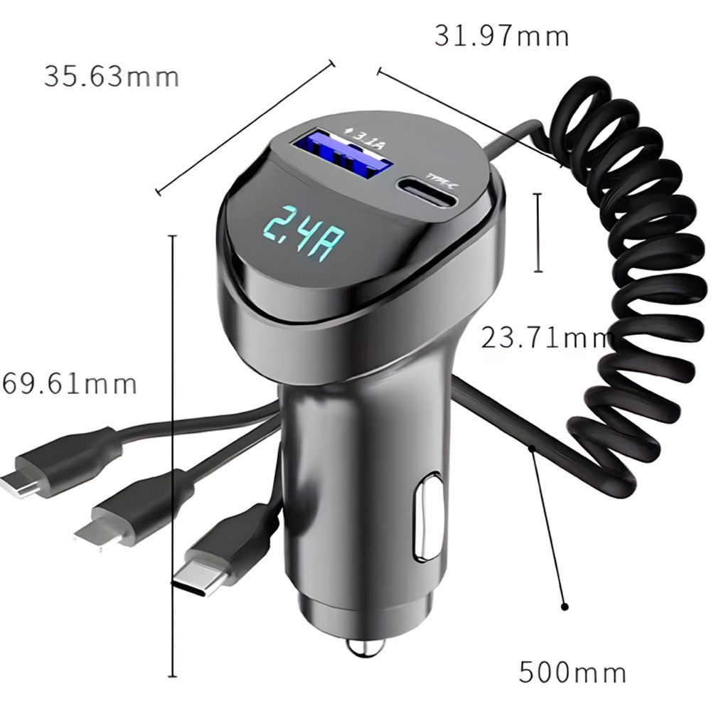 Carregador Veicular 55W Com Uma Entrada USB 3.1A e Uma Entrada USB-C, Com 3 Saídas de Carregamento - KC-08