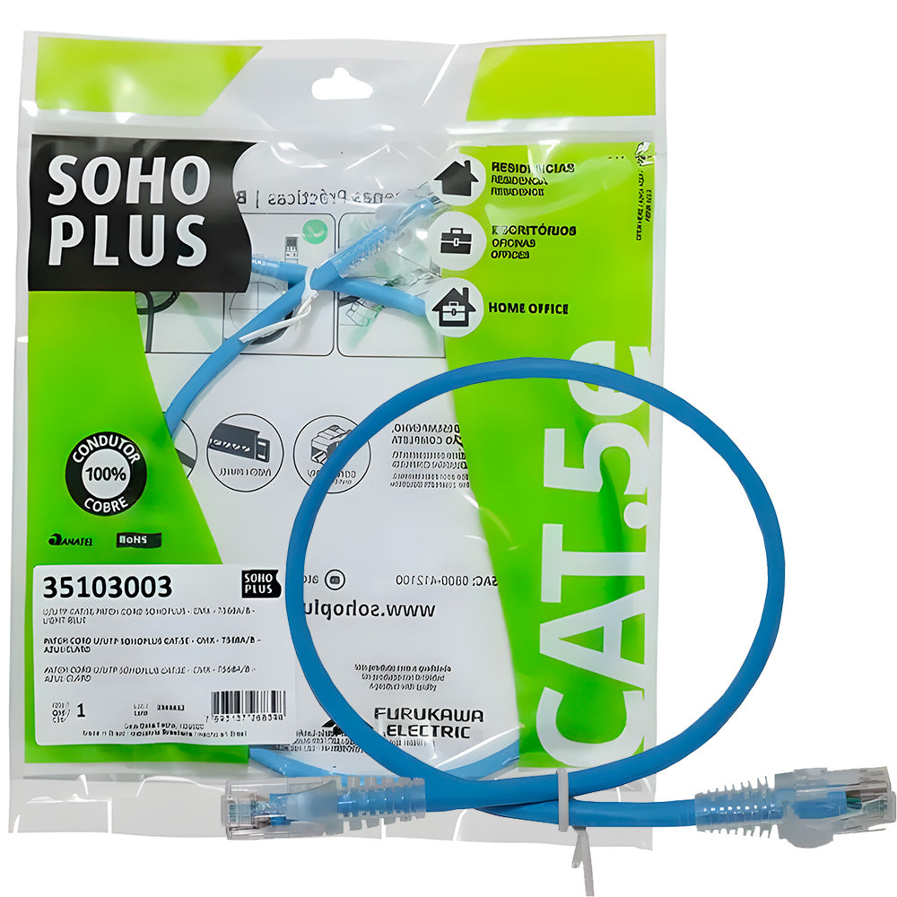 Cabo de Rede Patch Cord Sohoplus U/UTP CAT.5e CMX 1.5 Metros - Azul Claro