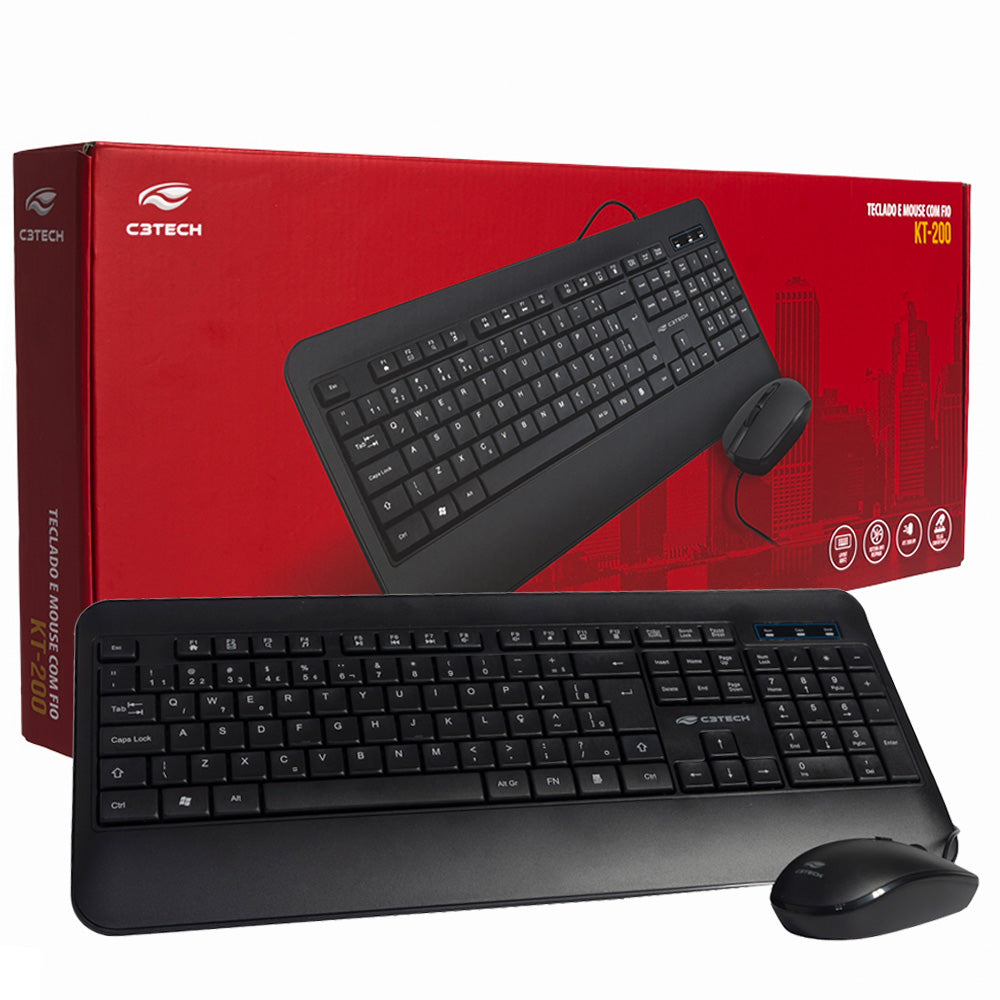 Kit Teclado e Mouse Com Fio USB, KT-200BK, Mouse 2.000 DPI, Teclado Membrana, C3Tech, Preto