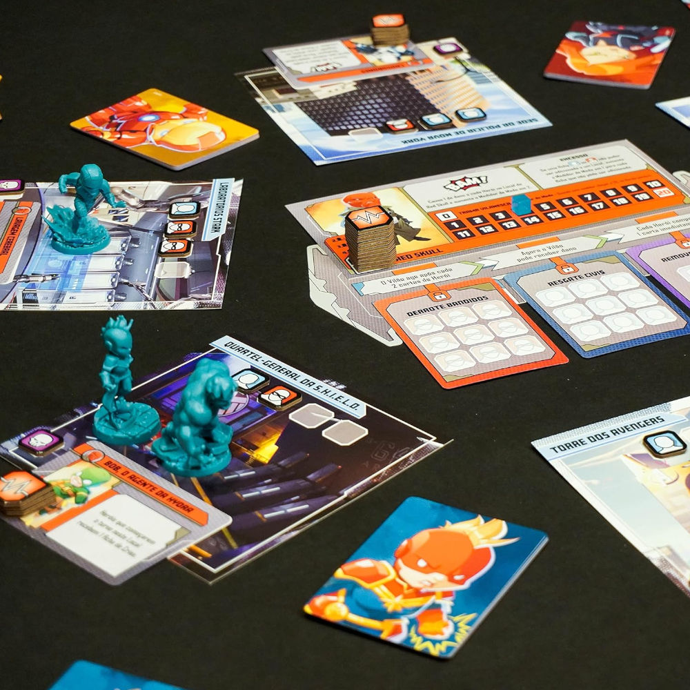 Jogo de Cartas Marvel United Galápagos 144 Cartas Poker 63x88mm, 7 Miniaturas Heróis, 3 Vilões, 1-4 Jogadores, 30-60min