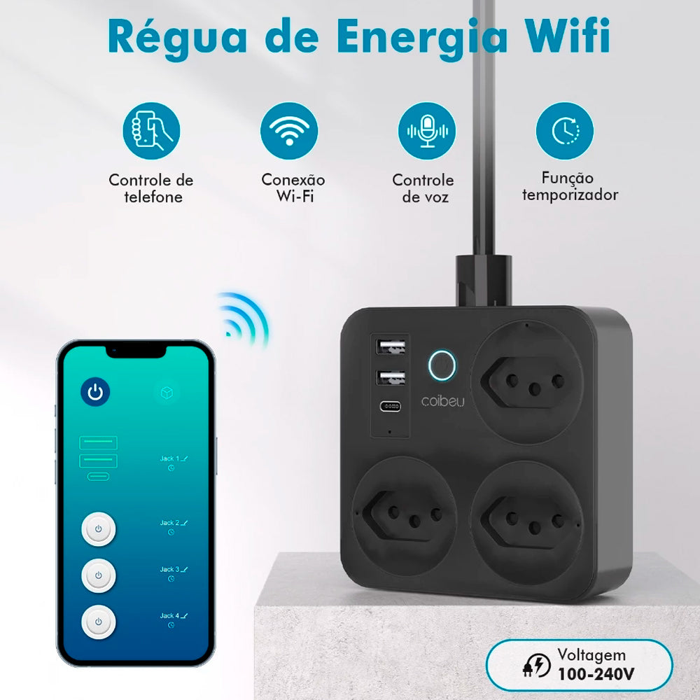 Extensão Inteligente, 3 Tomadas, 2 Entradas USB, 1 Entrada USB-C, Controle Por Voz, Compatível Alexa, Bivolt, Preto