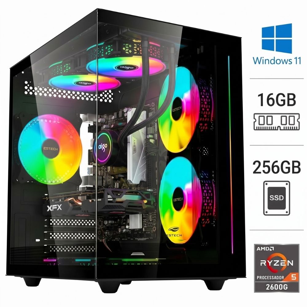 Computador Gamer AMD Ryzen 5 2600G 16GB RAM SSD 256GB RX 580 8GB Fonte 750W Windows 11