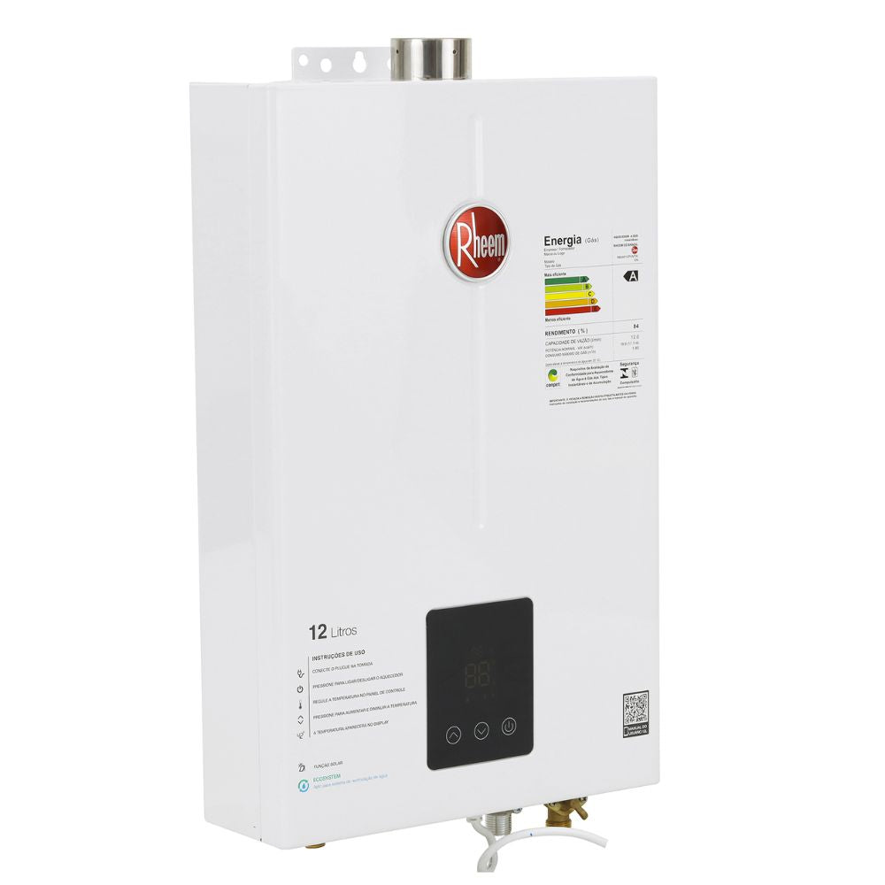 Aquecedor De Água A Gás Rheem Bivolt Digital 12 Litros Com 8 Sistemas de Segurança e Função Solar Gn-Branco