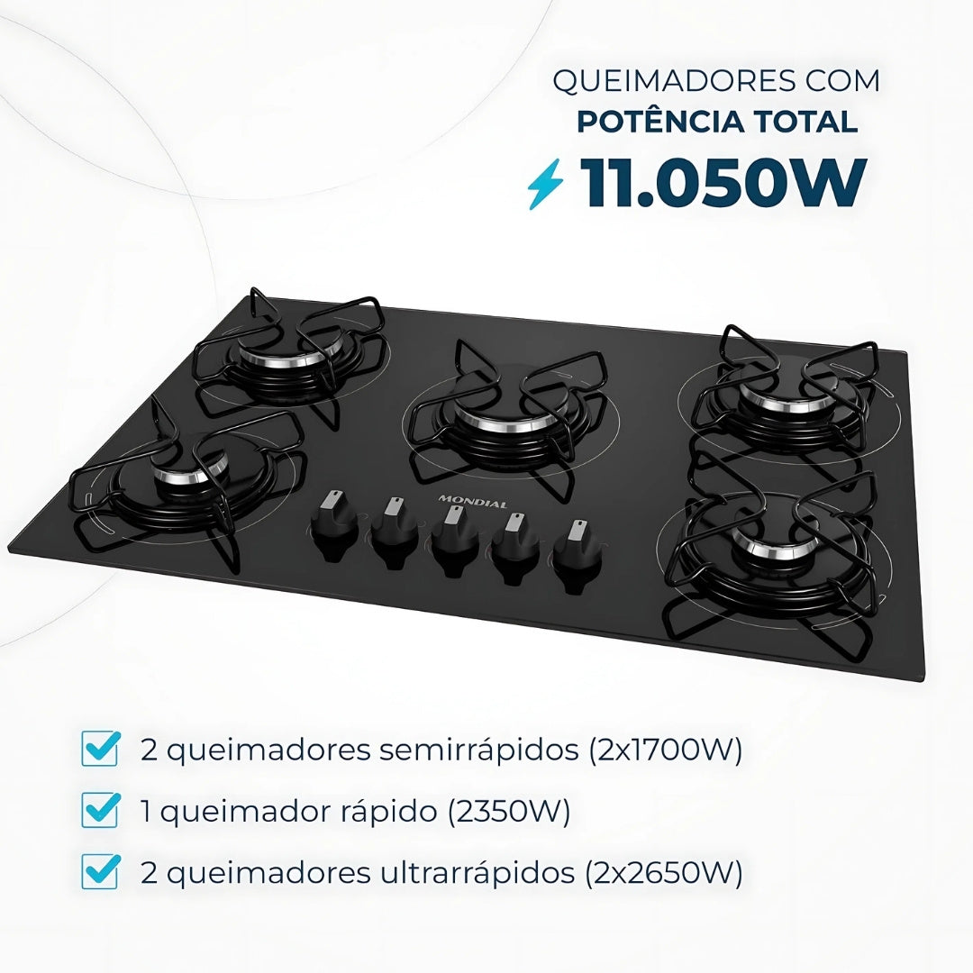 Cooktop 5 Bocas a Gás GLP Mondial CTG-02, Vidro Temperado Preto, Acendimento Automático, Bivolt
