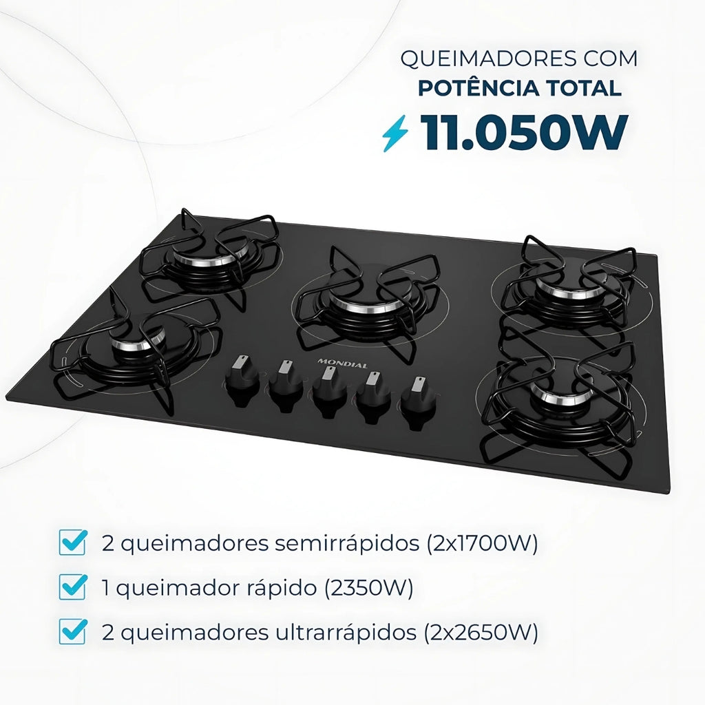 Cooktop 5 Bocas a Gás GLP Mondial CTG-02, Vidro Temperado Preto, Acendimento Automático, Bivolt