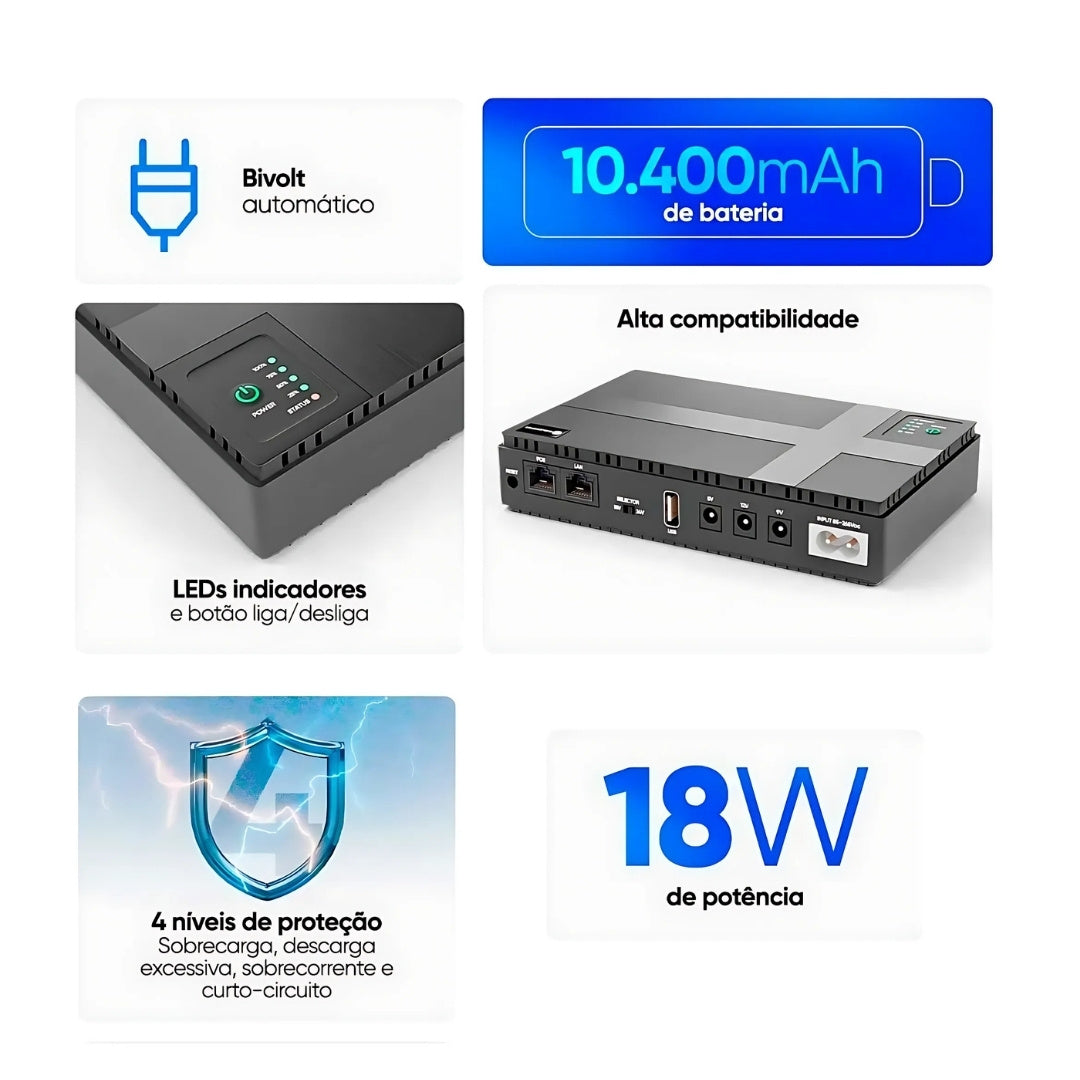 Mini Nobreak UPS 18W, Bivolt, 9/12/15/24V, Bateria 10.400mAH Para Roteadores, Câmera de segurança - 65905