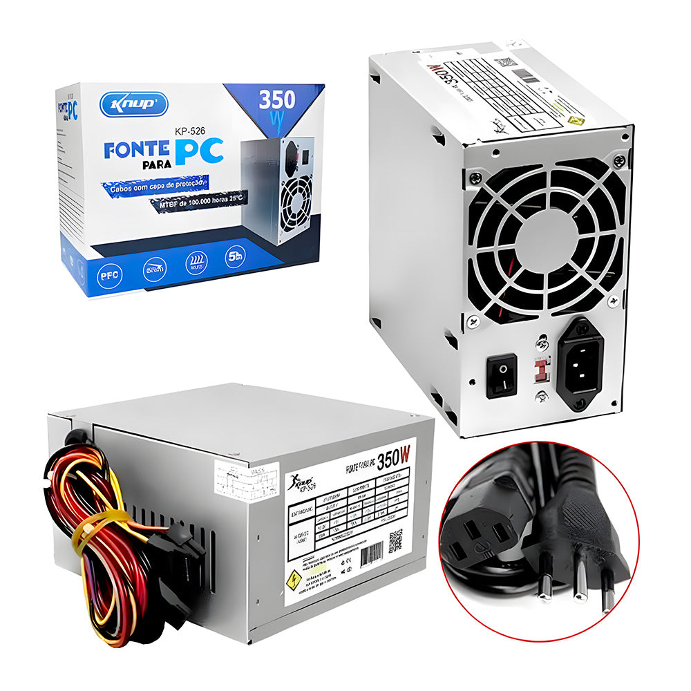 Fonte ATX 350W Real Knup KP-526, Bivolt Manual, Cooler 80 mm Ultra Silencioso, Proteção OVP/OCP/SCP, Com cabo