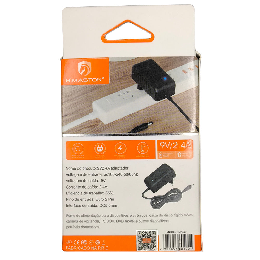 Fonte de Alimentação AC/DC 9V 2.4A, Plug 5.5mm P4, JK-03, H'Maston- Preto