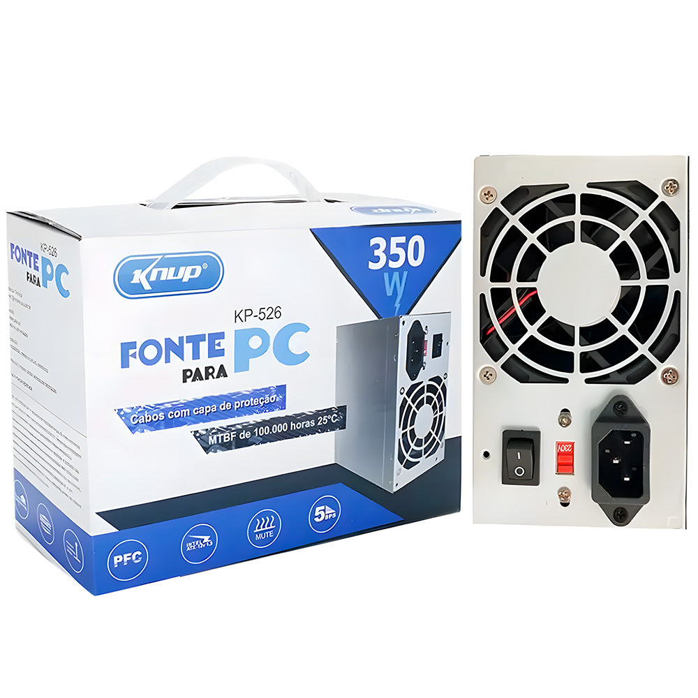 Fonte ATX 350W Real Knup KP-526, Bivolt Manual, Cooler 80 mm Ultra Silencioso, Proteção OVP/OCP/SCP, Com cabo