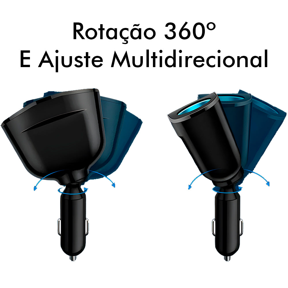 Carregador Veicular C/2 Entradas QC 3.0, 1 Entrada USB-C 2.4A, 2 Entradas P/ Carregador Veicular e Display Digital