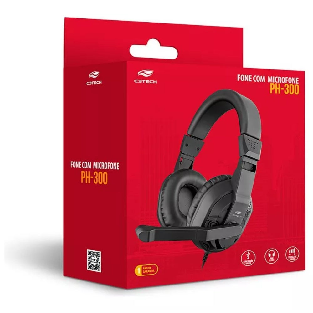 Fone de Ouvido HeadSet, Com Microfone, Conexão USB, Controle de Volume, PH-300BK C3Tech - Preto