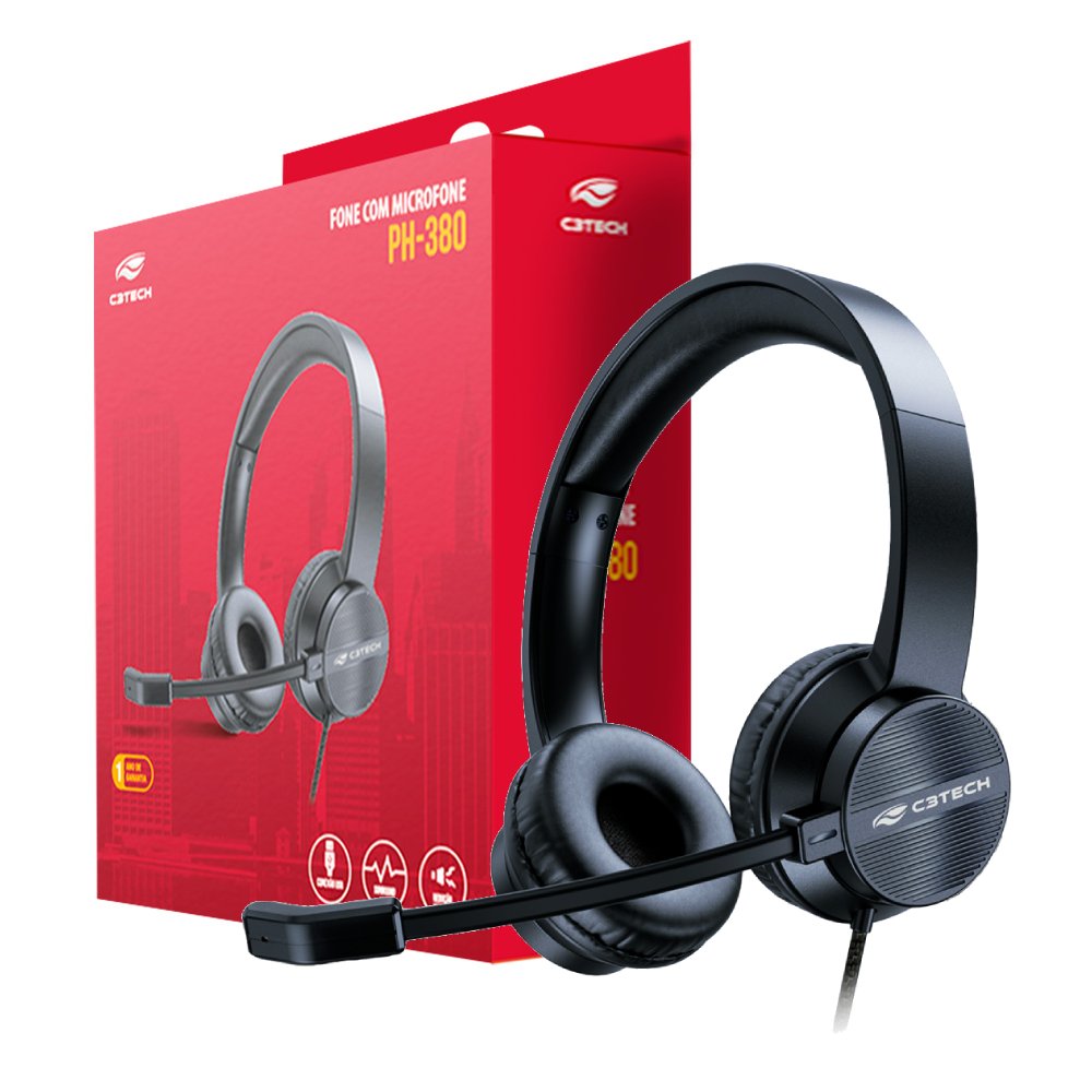 Headset USB C3Tech PH-380BK, Drivers 40 mm, Microfone Rotativo 120°, Redução de Ruído, Cabo de 1,8 m, Plug & Play