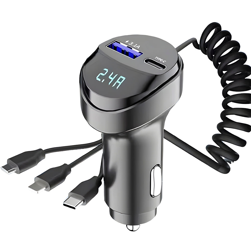 Carregador Veicular 55W Com Uma Entrada USB 3.1A e Uma Entrada USB-C, Com 3 Saídas de Carregamento - KC-08