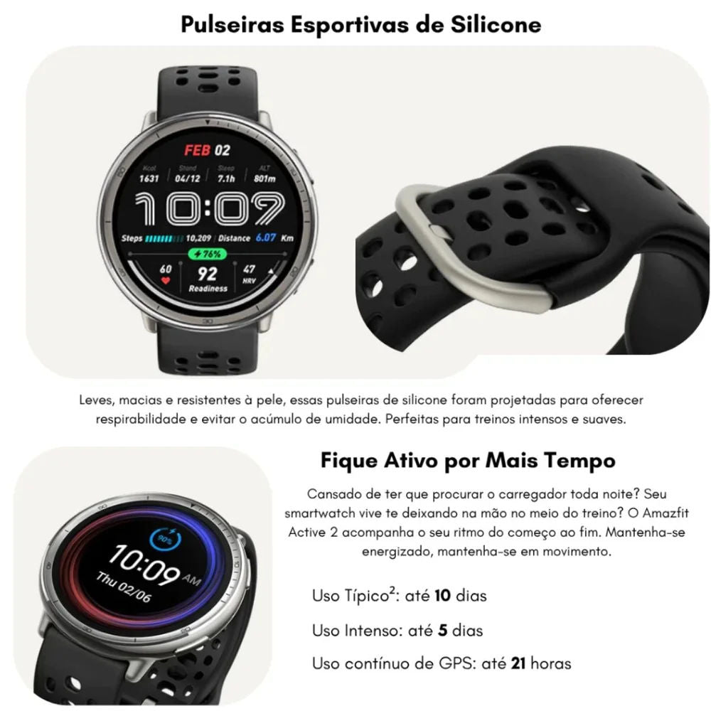 Relógio Inteligente Amazfit Active 2 A2437 GPS AMOLED IA GPT À Prova d’Água Bússola Monitoramento Esportivo Preto