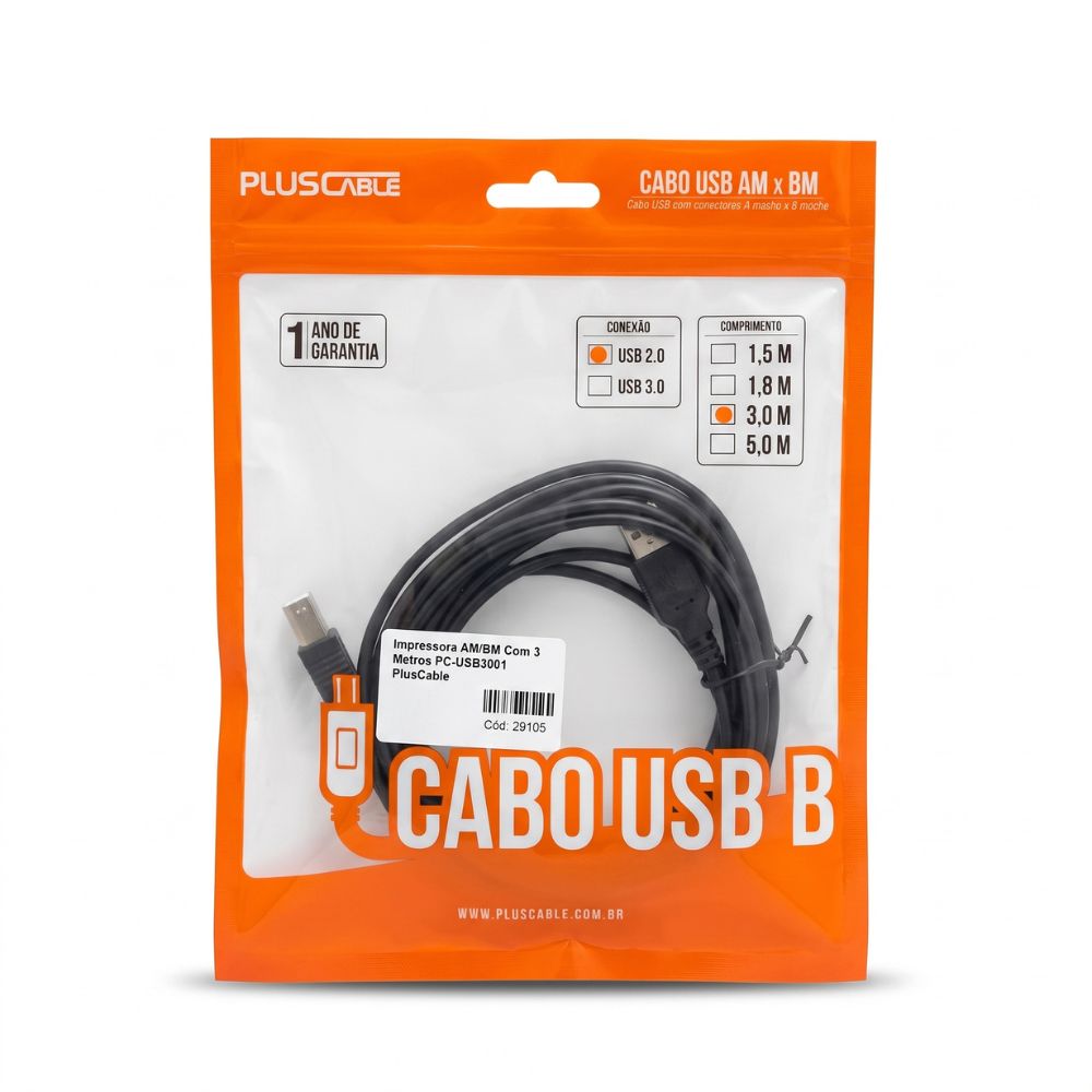 Cabo USB 2.0 para impressora AM/BM Com 3 Metros PC-USB3001 PlusCable